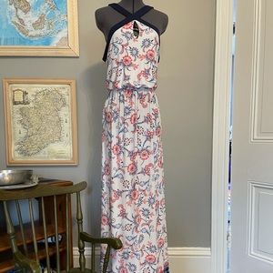 Floral White and Navy Blue Maxi Dress